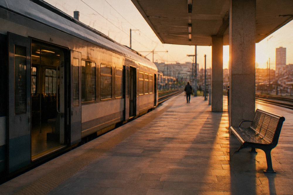 Railway platform at golden hour with a plain regional train waiting with open doors and an empty bench