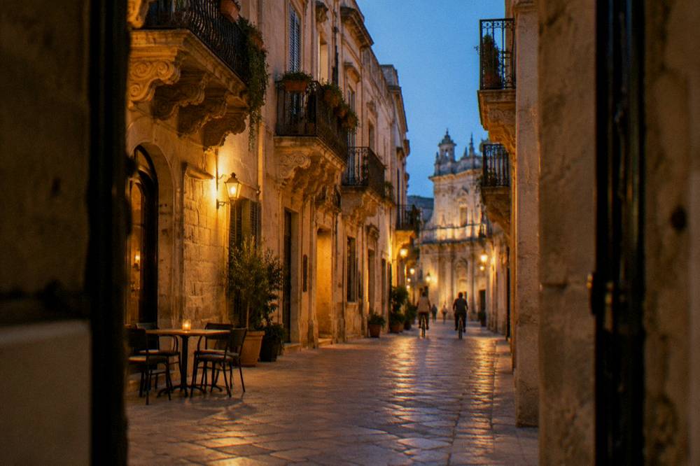Narrow lane with baroque balconies on carved brackets in warm evening light and a cafe table