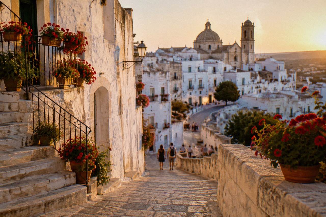 Whitewashed circular hill town with balconies of geraniums, stone staircases and a church dome