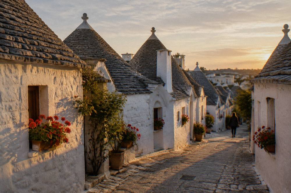 Quiet lane of conical-roofed houses at golden hour with long shadows and window boxes of geraniums