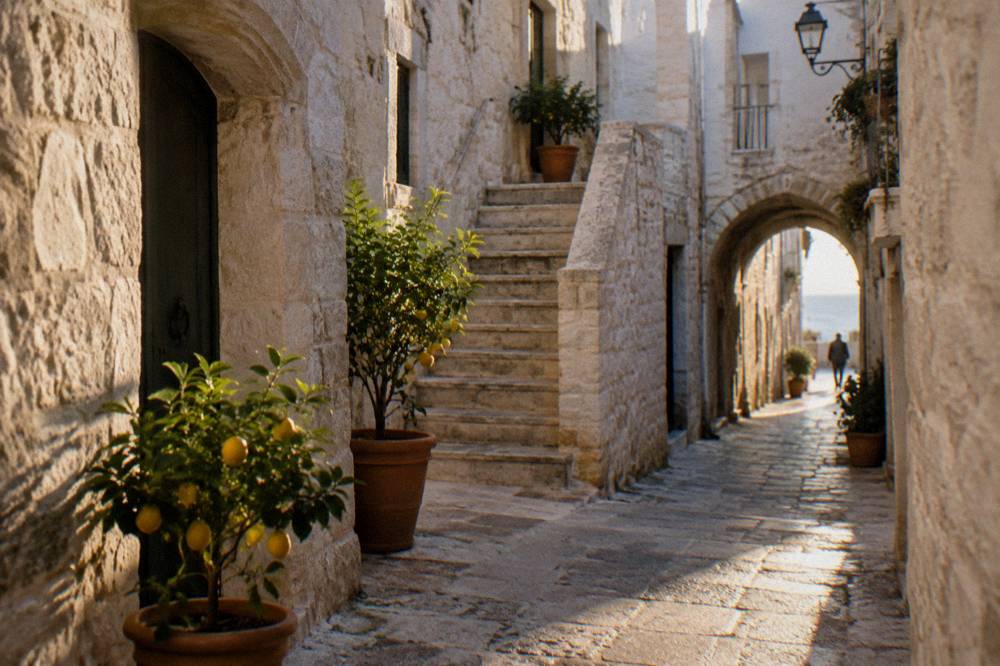 Narrow limestone lane with pale arches, a stone staircase and potted lemon trees in soft morning light