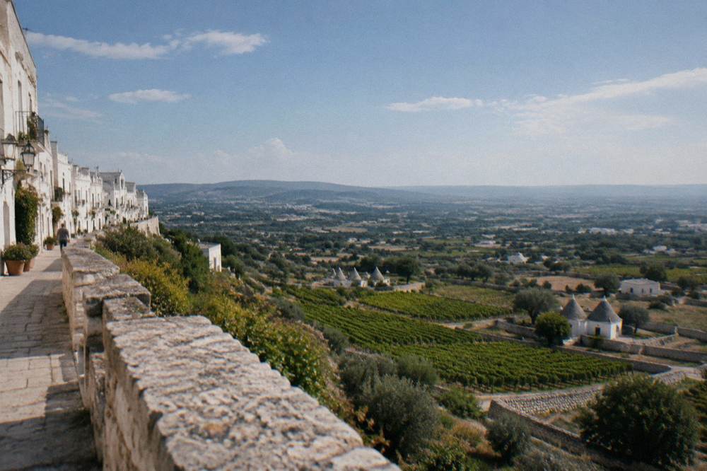 Valley of vineyards, dry-stone walls and conical-roofed farm houses seen from a hill town