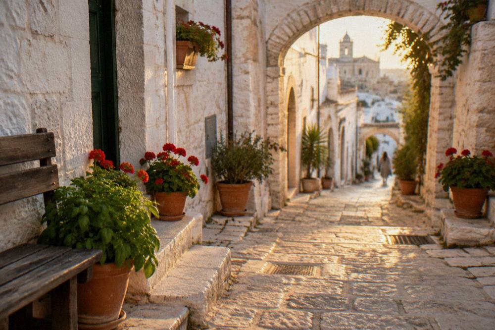 Whitewashed hill town lane with small stone arches, pots of basil and geraniums and a wooden bench