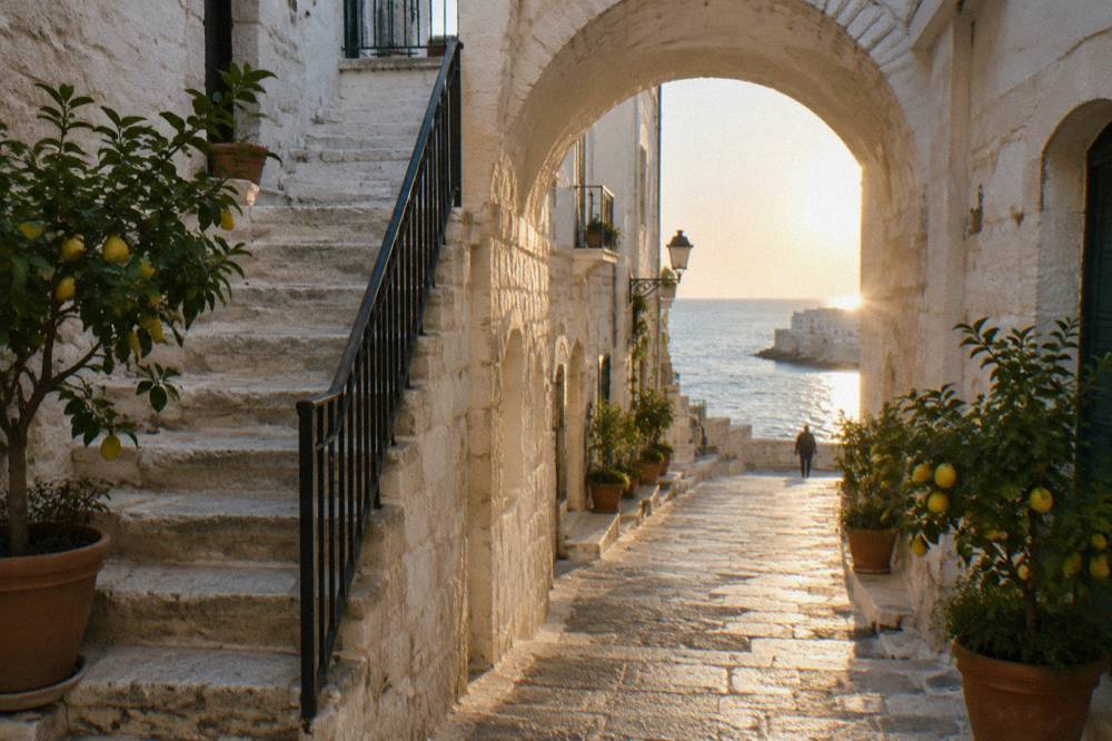Narrow limestone lane with pale arches, a stone staircase and potted lemon trees in soft morning light