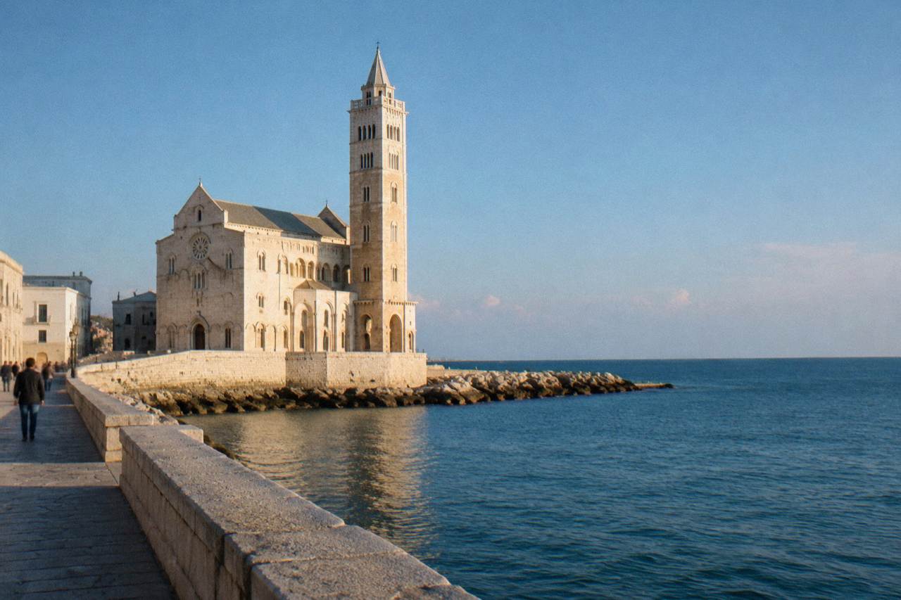 Romanesque cathedral of pale limestone on the edge of the sea with a tall slender bell tower