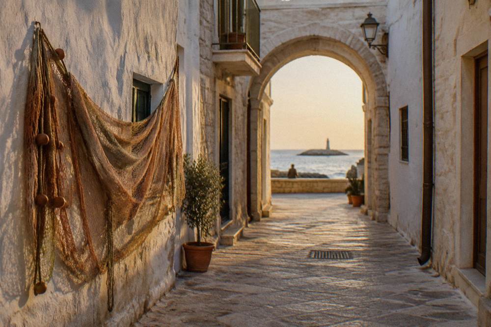 Quiet old town lane with whitewashed walls, an archway and a fishing net hung to dry