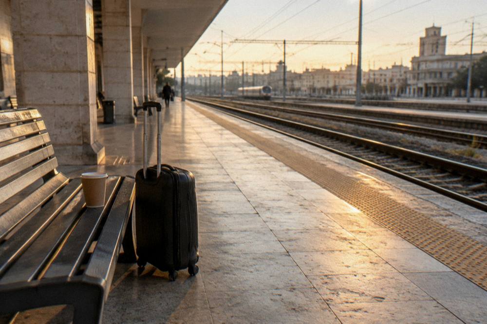 Platform bench with a suitcase and a paper cup beside empty tracks and a distant plain train