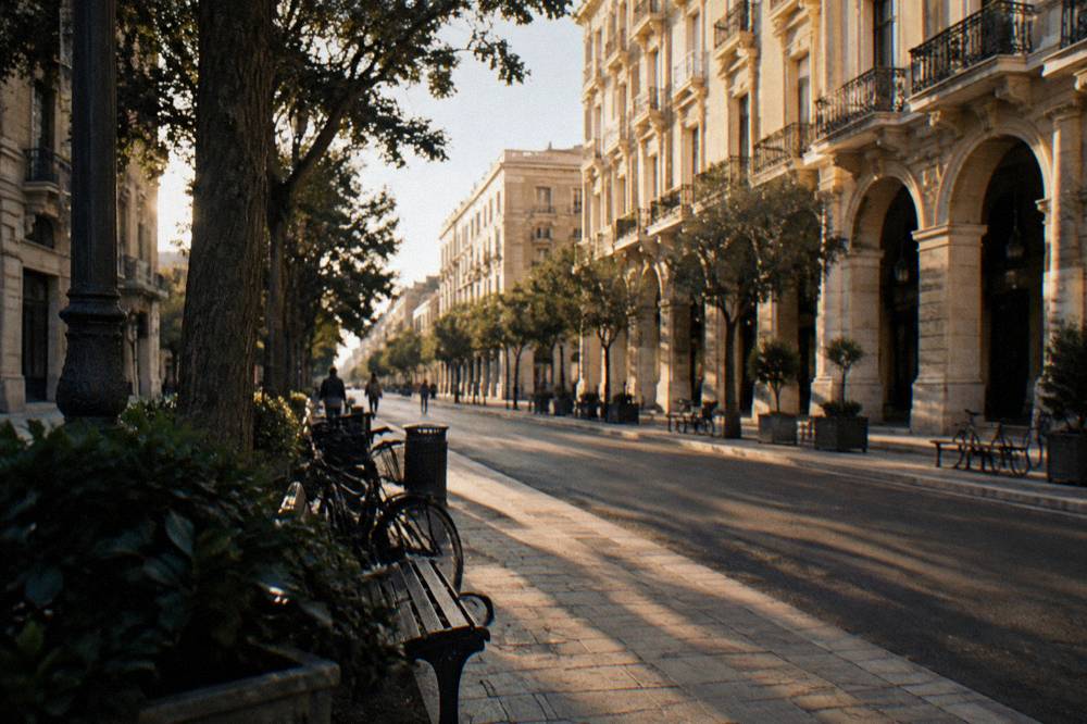 Tree-lined boulevard at golden hour with warm light on cream facades and long tree shadows