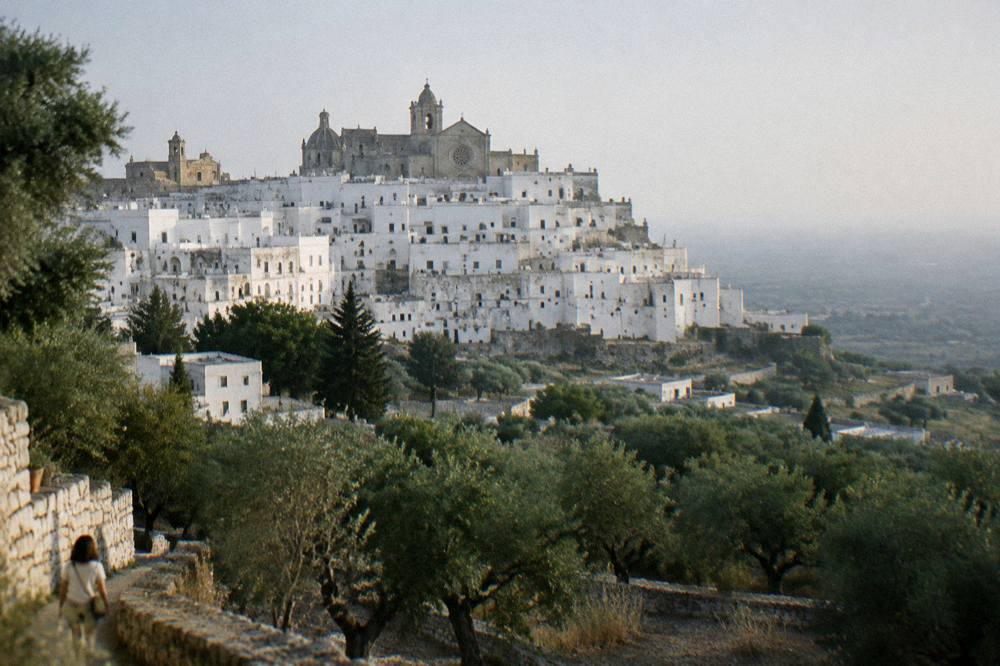 Dazzling white hill town on a ridge above silvery olive groves with a rose-windowed cathedral at the top