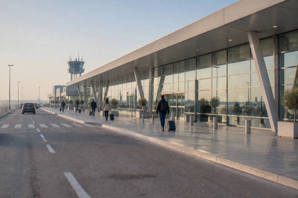Modern low airport terminal with a long glass facade and a few distant travellers with suitcases