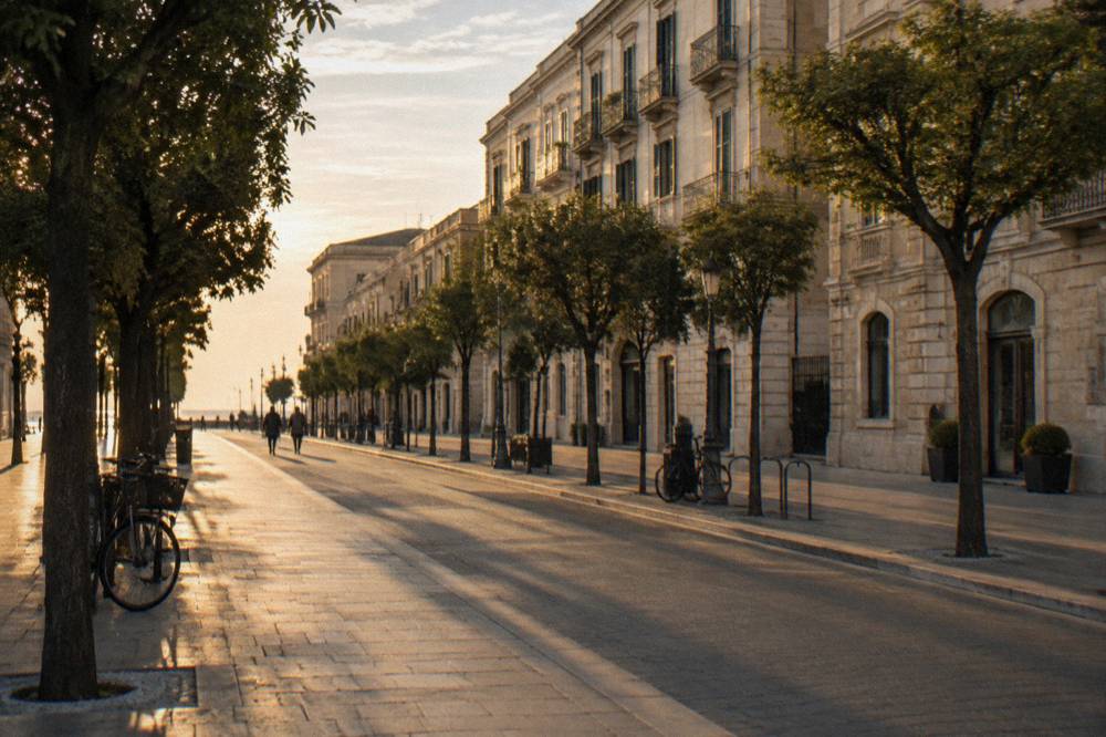 Tree-lined boulevard at golden hour with warm light on cream facades and long tree shadows