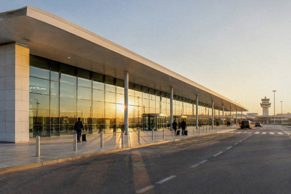 Modern low airport terminal with a long glass facade and a few distant travellers with suitcases