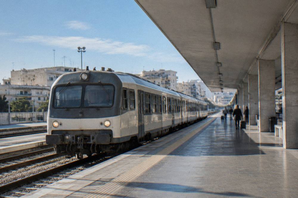 Regional train pulling into a station platform under a long canopy with a few distant waiting travellers