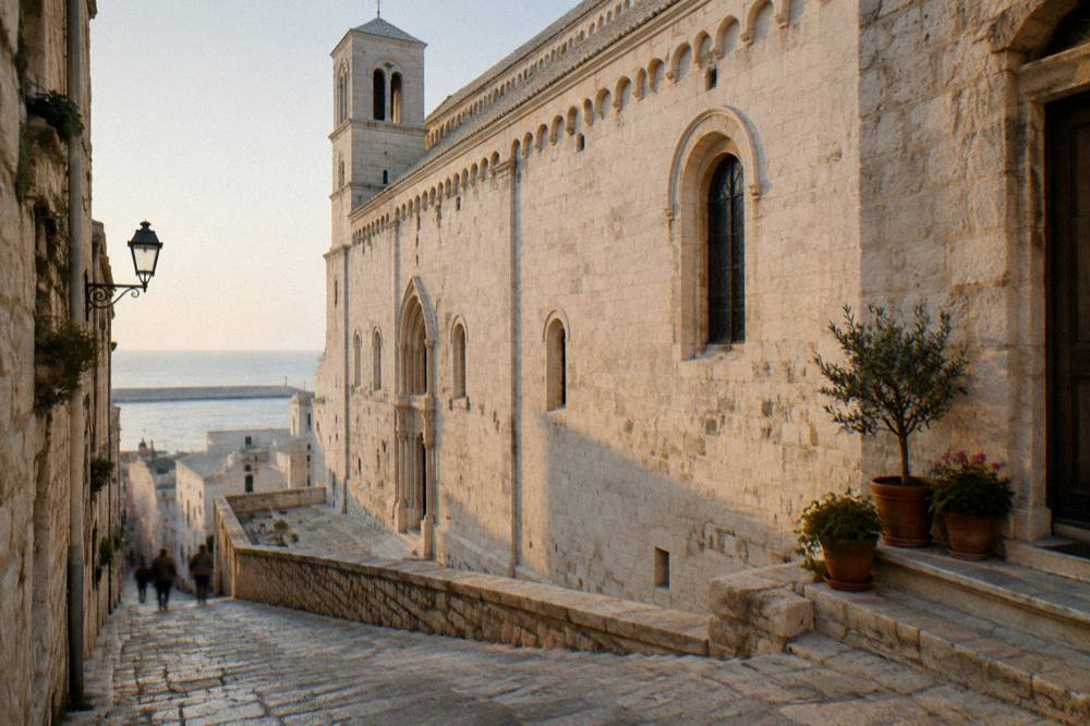 Long pale limestone flank of a Romanesque church seen from a narrow old-town lane with pots on a doorstep