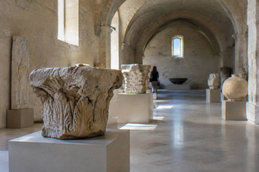 Vaulted stone hall with archaeological finds on plain plinths in soft light