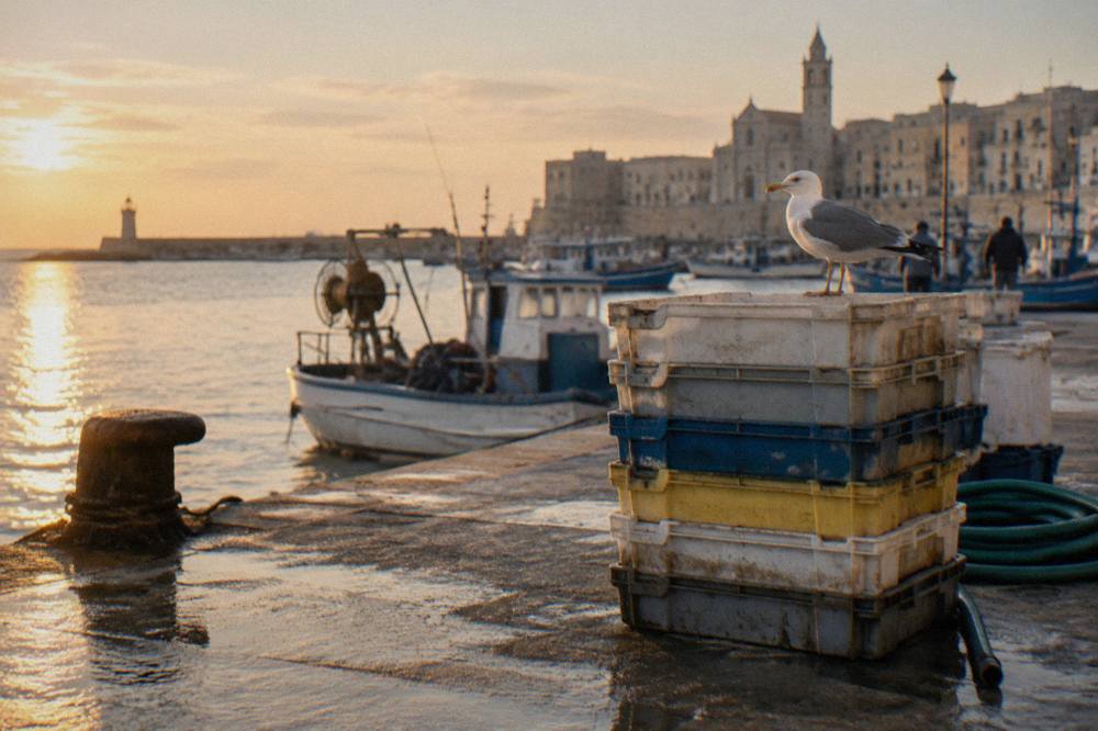 Stack of plastic fish crates and a hose on a wet concrete quay with a gull on top in soft early light