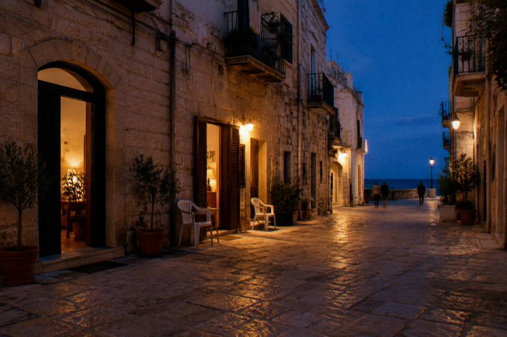 Old town lane at blue hour with warm light glowing from doorways and chairs set outside
