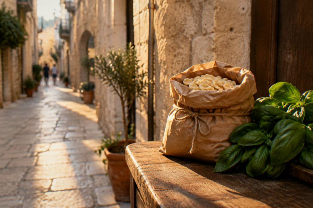 Paper bag of dried orecchiette tied with string on a wooden counter next to a bunch of basil