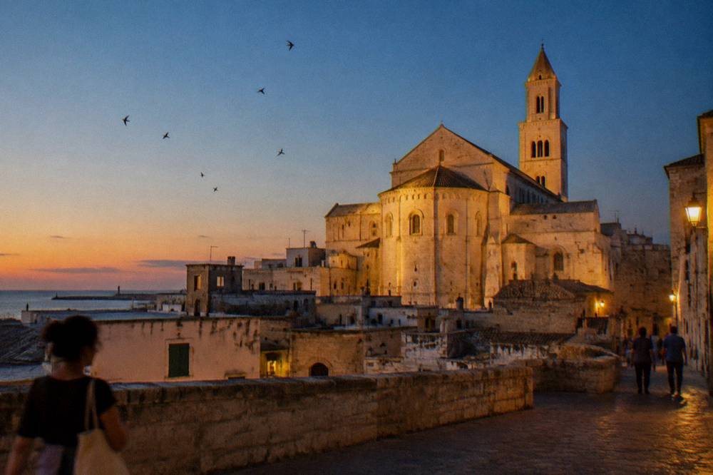 Basilica apse and walls glowing in low evening light above old town rooftops with swifts in the sky
