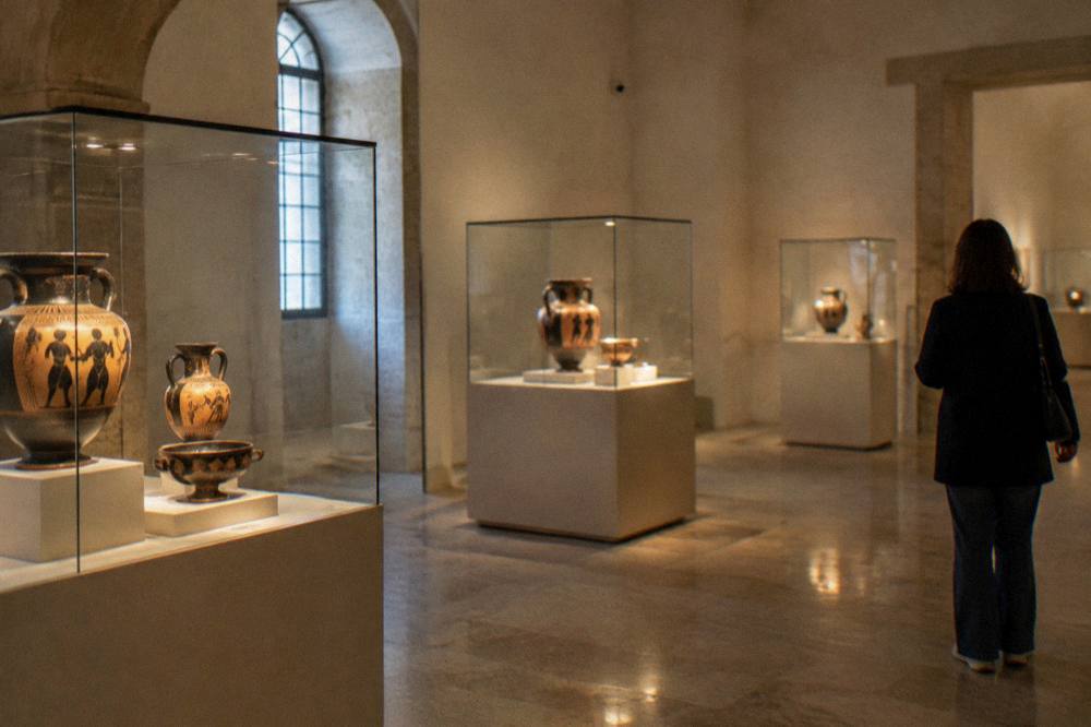 Quiet museum room with glass cases of ancient painted pottery under soft spotlighting and one visitor from behind