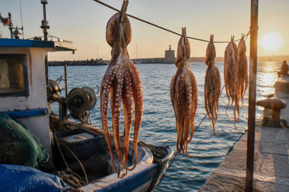 Octopus hung to dry on a line beside a small fishing boat with the sea blue behind