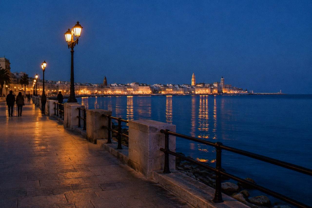 Seafront promenade at blue hour with lit street lamps and the lights of the old town across the bay