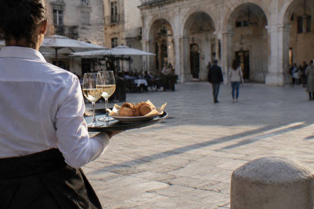 Waiter's tray with two glasses of white wine and fried snacks carried across a pale stone square