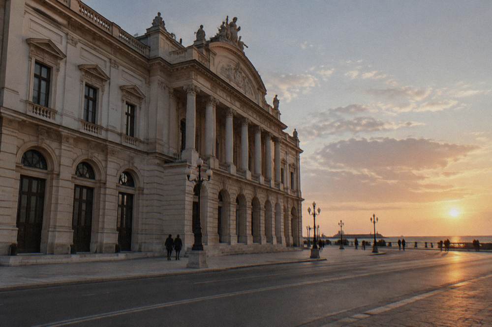 Grand neoclassical opera house with a cream facade, a columned portico and tall arched windows on a wide street