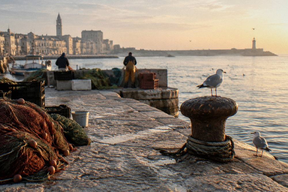 Distant fishermen working beside nets and crates on a low concrete quay with seagulls in early morning haze