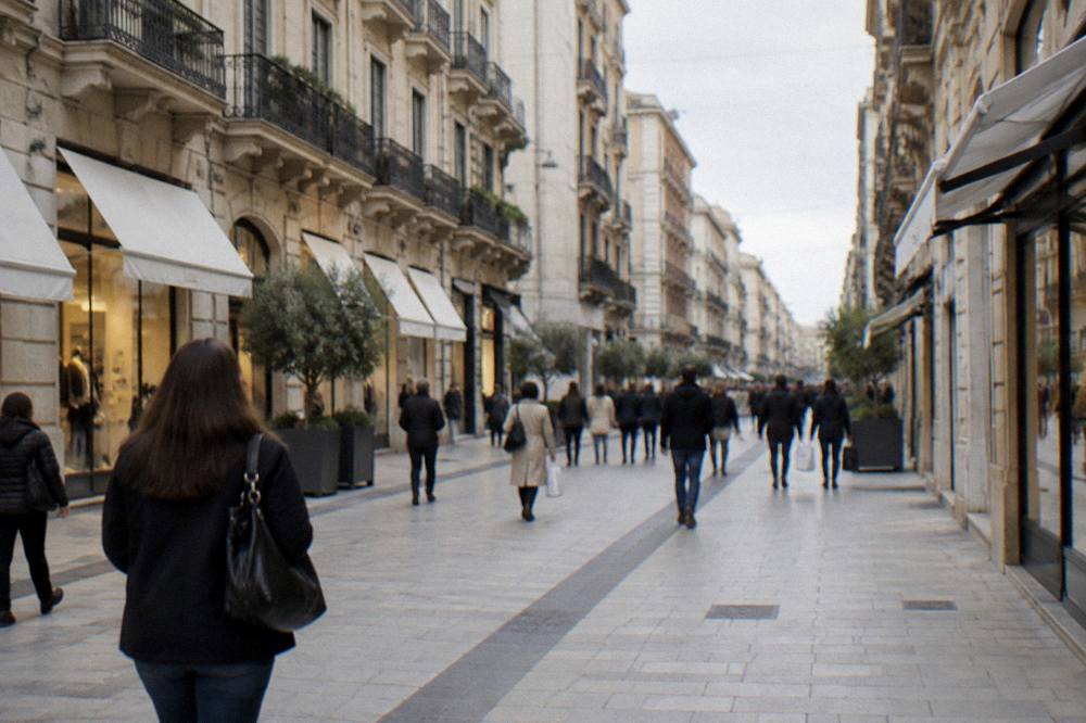 Lively pedestrian shopping street lined with facades with distant shoppers carrying bags