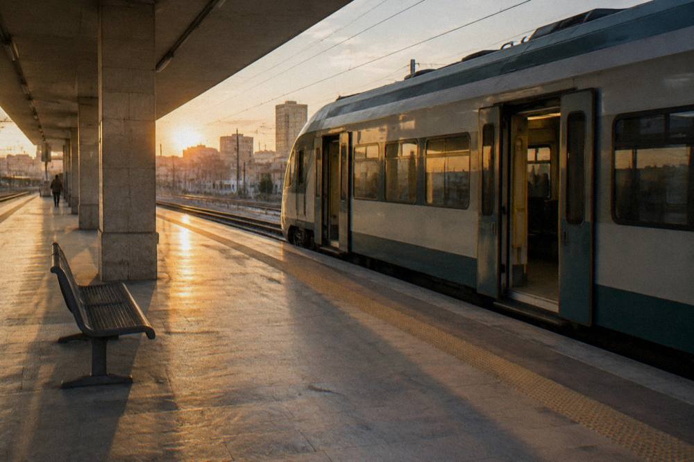 Railway platform at golden hour with a plain regional train waiting with open doors and an empty bench