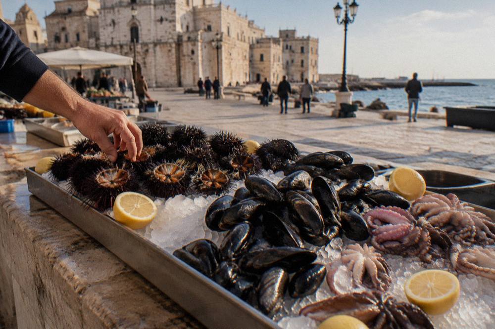 Fresh sea urchins, mussels and small octopus on crushed ice with lemon halves on a stone market counter