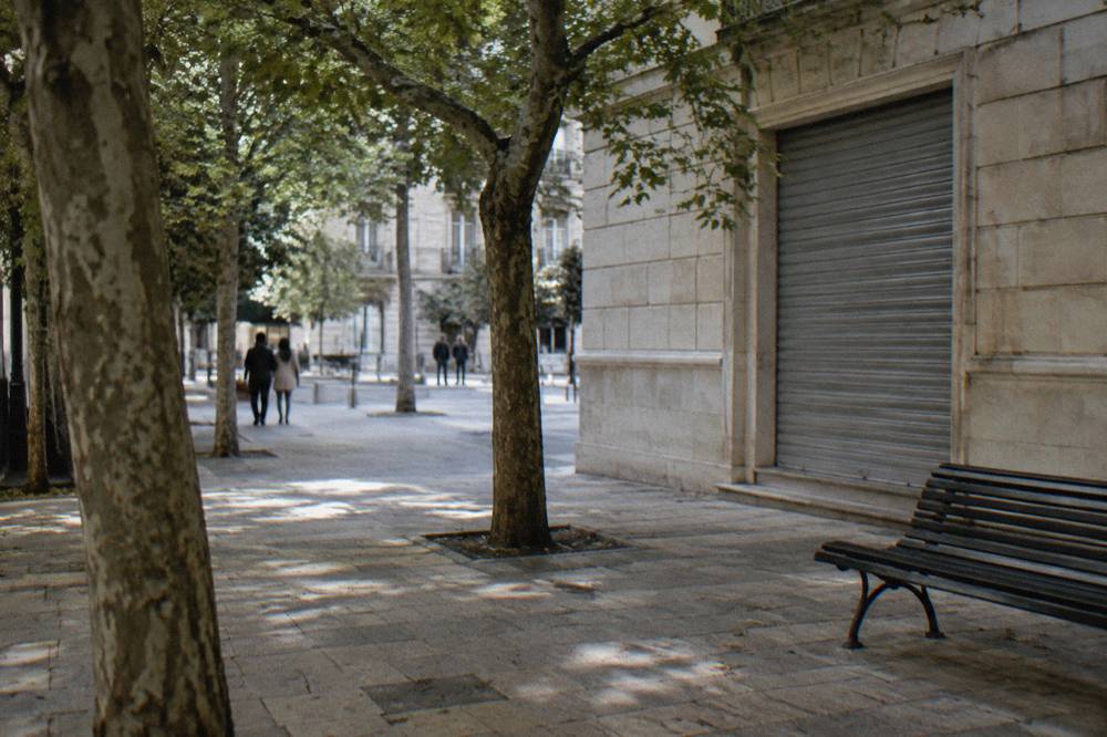 Shaded corner of a district with a cream stone shopfront, a bench and dappled light