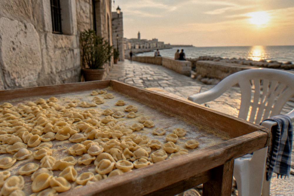 Tray of small ear-shaped orecchiette dusted with semolina on a wooden table beside a plastic chair