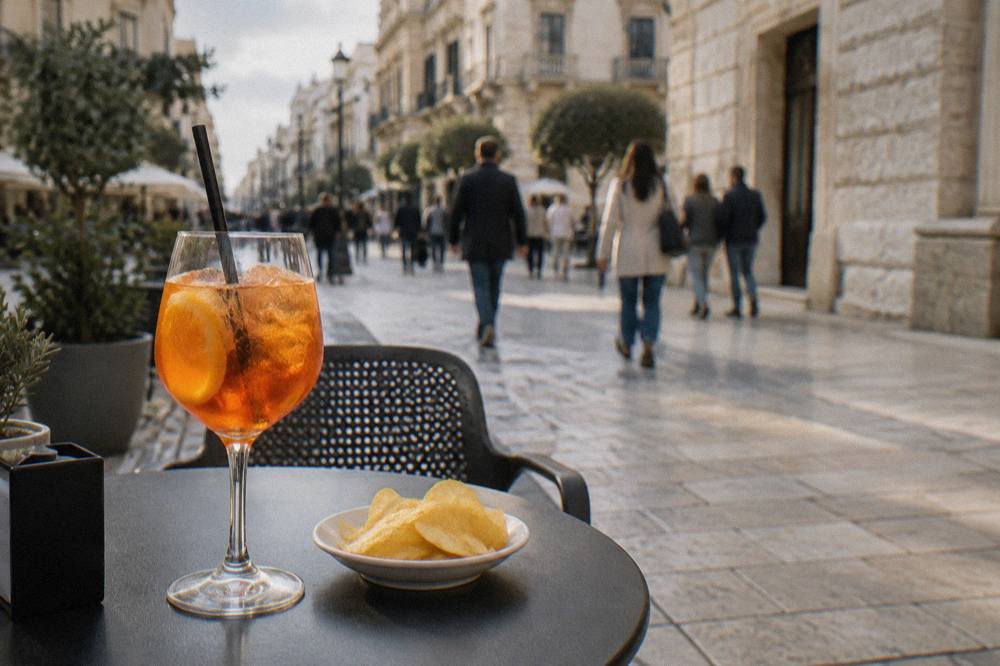 Pavement cafe table on a pedestrian street with an orange spritz and a small plate of crisps, passers-by blurred