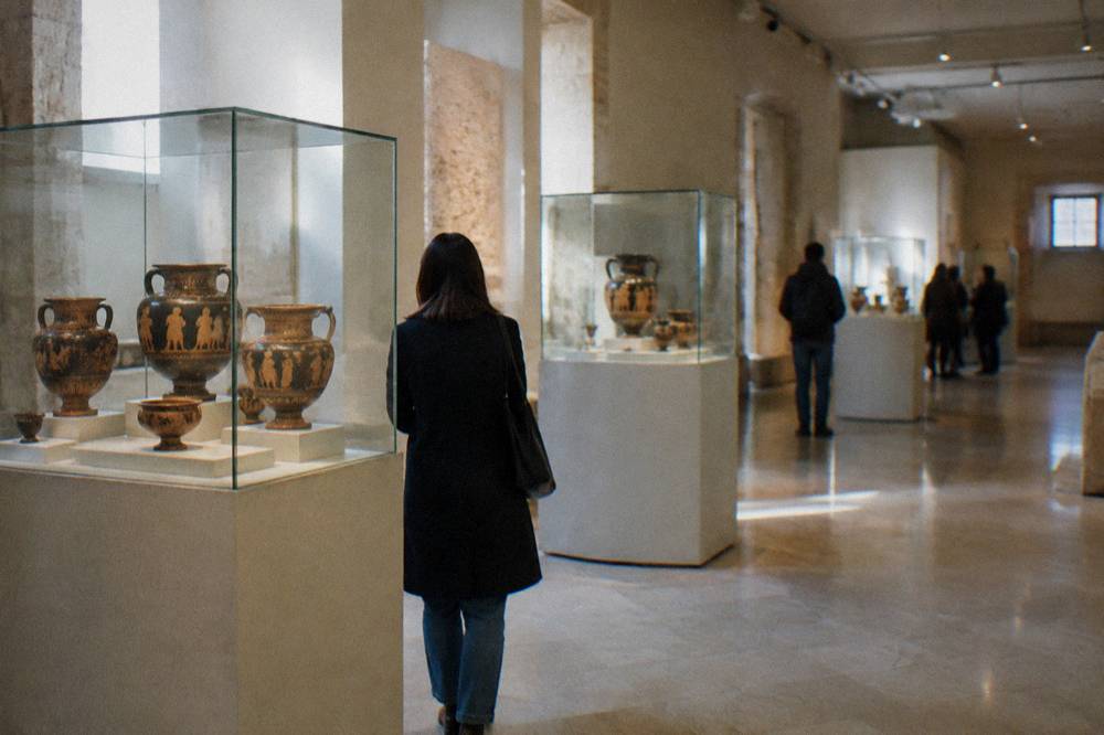 Quiet museum room with glass cases of ancient painted pottery under soft spotlighting and one visitor from behind