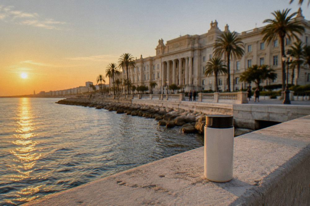 Grand neoclassical seafront palace with a long cream facade, a central portico and palm trees