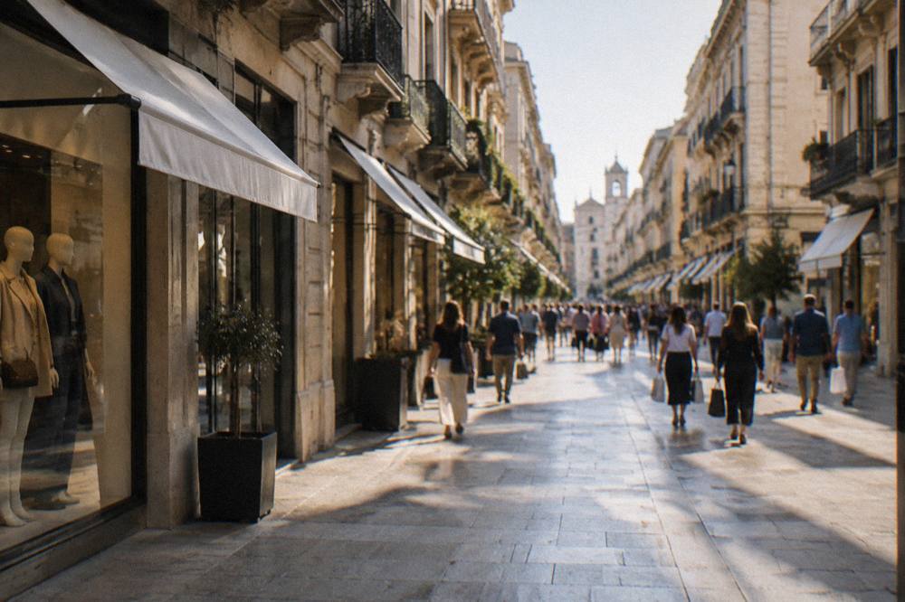 Lively pedestrian shopping street lined with facades with distant shoppers carrying bags