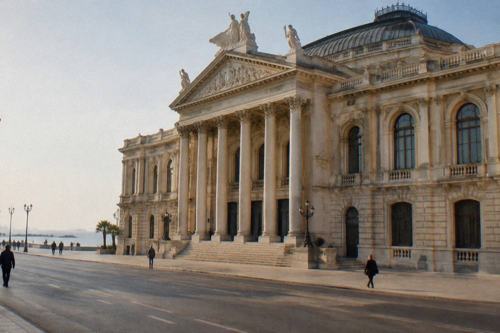 Grand neoclassical opera house with a cream facade, a columned portico and tall arched windows on a wide street