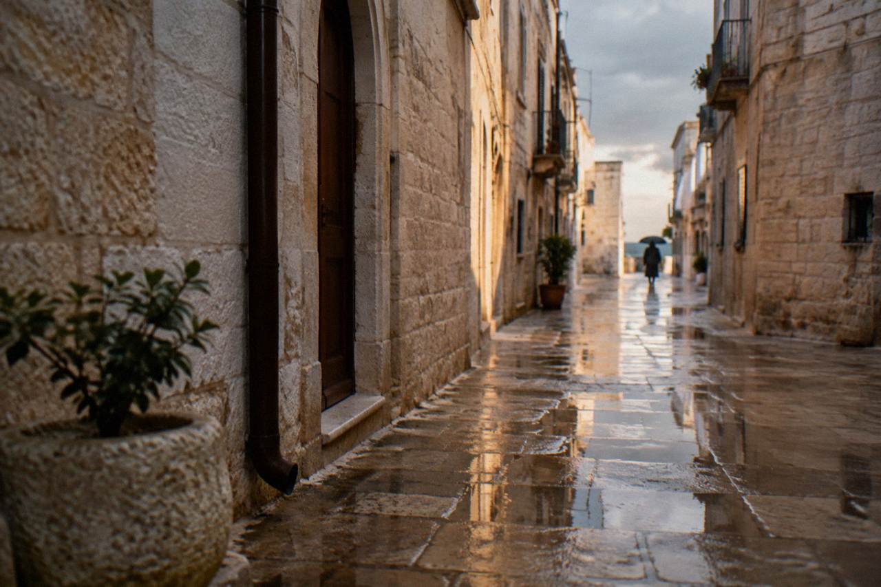 Wet limestone old town lane after rain with reflections in puddles and a distant person under an umbrella