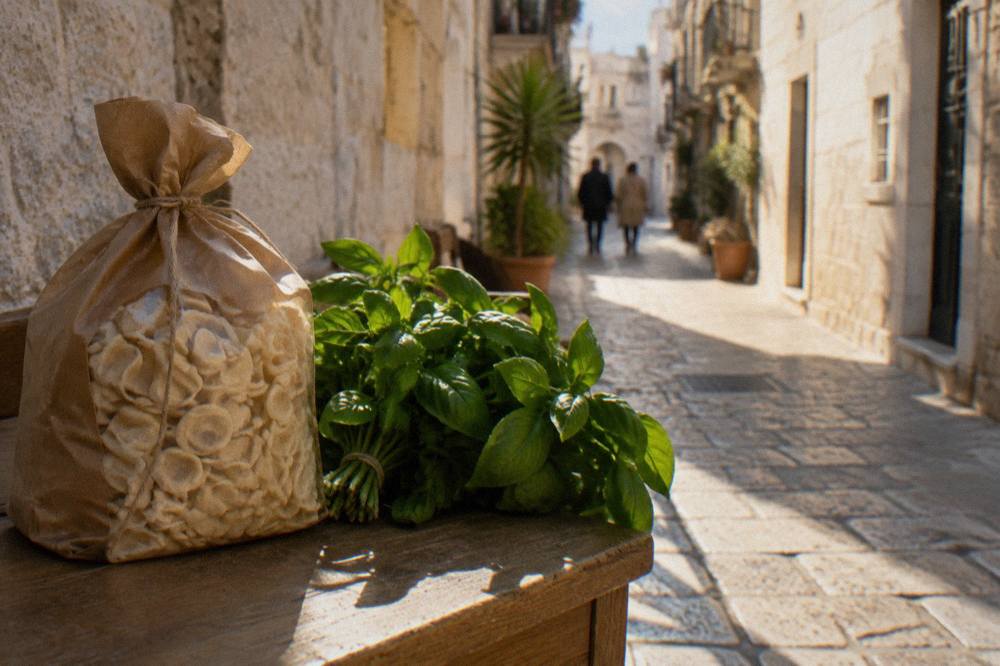 Paper bag of dried orecchiette tied with string on a wooden counter next to a bunch of basil