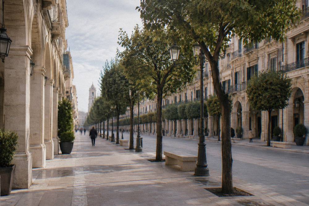 Long straight tree-lined boulevard of neoclassical buildings with arcaded ground floors