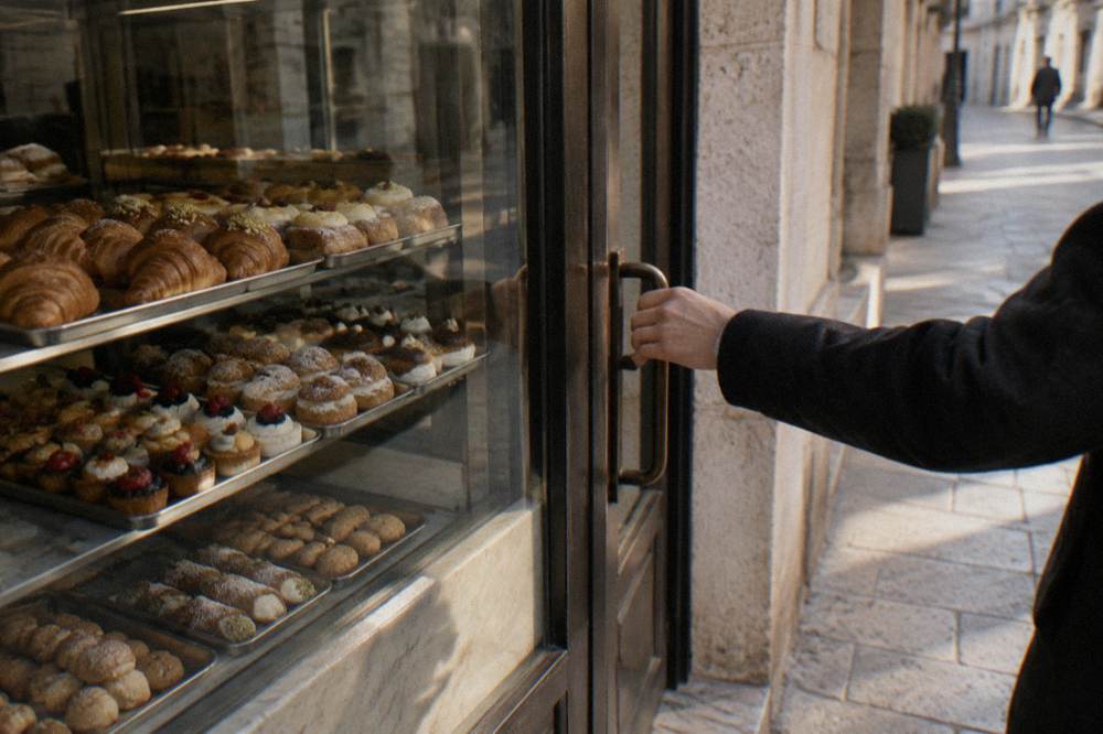 Pastry shop window with trays of pastries behind glass and a hand reaching for the door