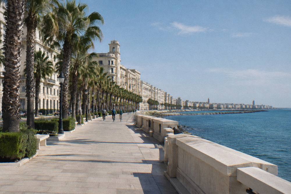 Broad seafront promenade beside a low sea wall with palm trees and a long curve of cream buildings