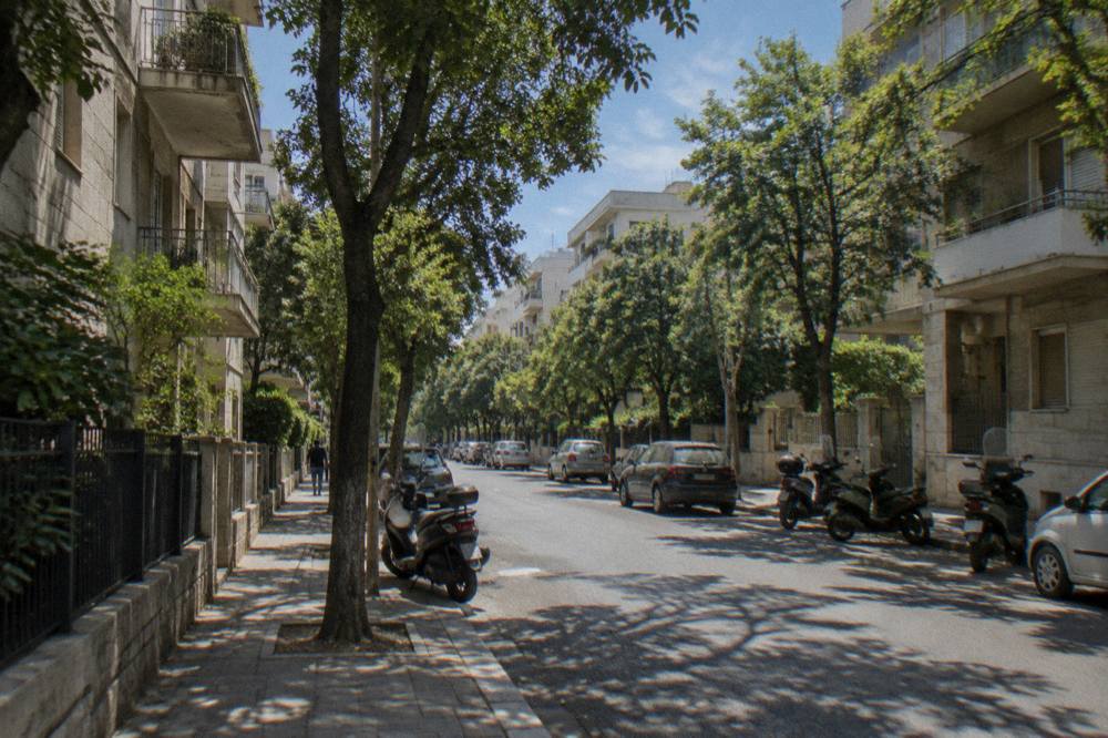 Leafy residential avenue of mid-century apartment blocks with street trees and parked scooters