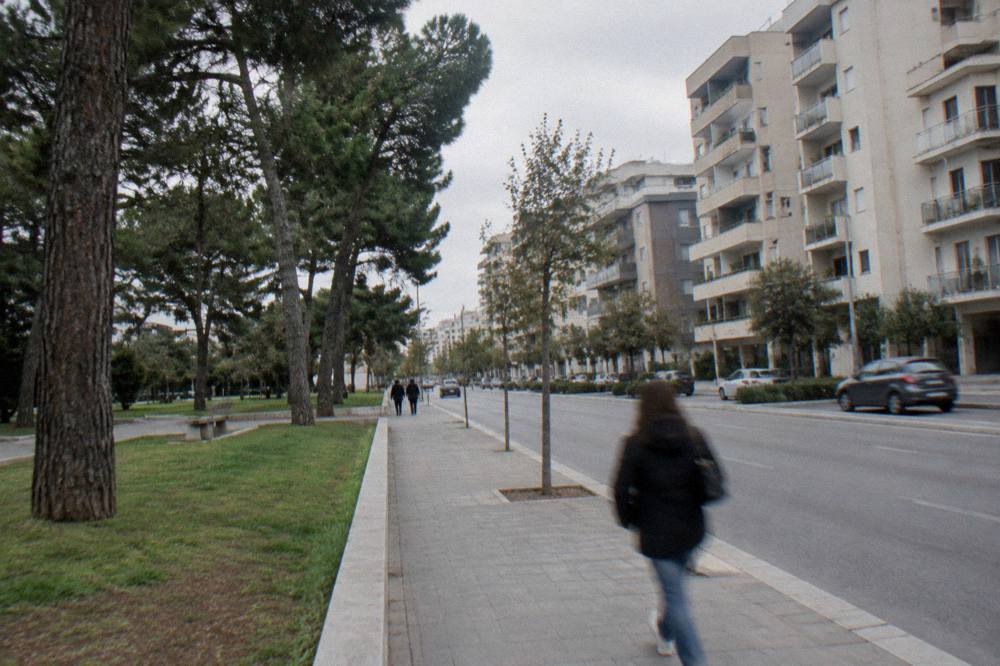 Modern residential district with mid-rise apartment blocks, a broad avenue and a small park with pines