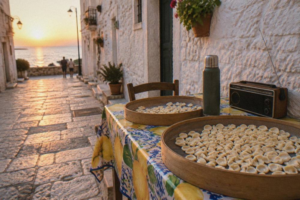 Lane-side table with sieves of drying orecchiette, a thermos and a radio against a whitewashed wall