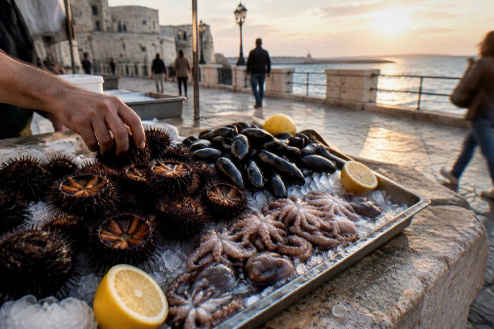 Fresh sea urchins, mussels and small octopus on crushed ice with lemon halves on a stone market counter