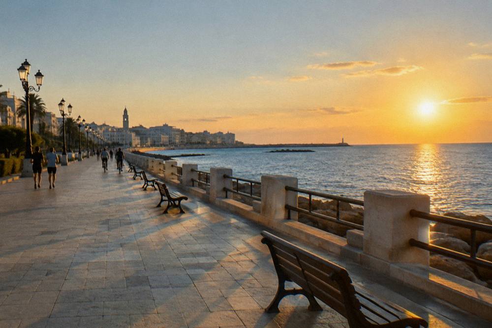 Wide paved seafront promenade with distant joggers and cyclists, benches and calm blue sea in late afternoon