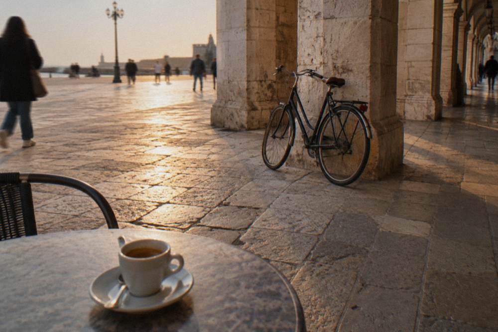 Worn limestone paving beside loggia arches with a leaning bicycle and an espresso cup on a small round table